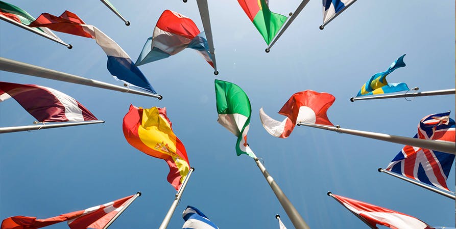 Flags from various nations to illustrate international relations