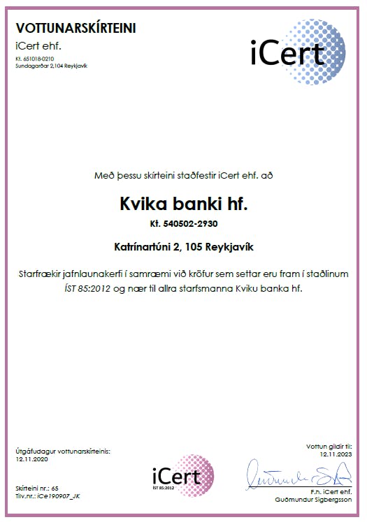 Vottun um að Kvika starfræki jafnlaunakerfi i samræmi við IST 85:2012