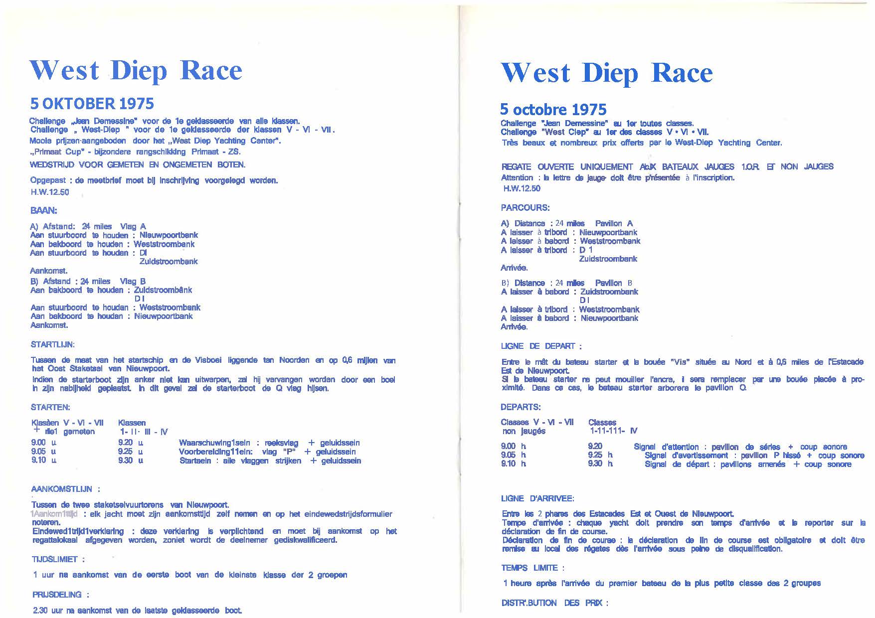 Origineel wedstrijdreglement Westdiep Race 5 oktober 1975, KYCN Nieuwpoort