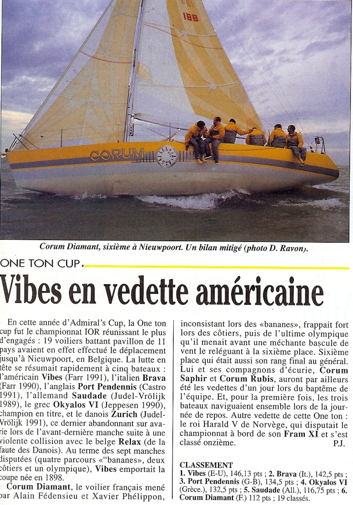 Franse terugblik op de One Ton Cup in Nieuwpoort. Het artikel vermeldt expliciet Koning Harald V en zijn elfde plaats met Fram XI.