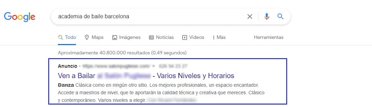 Anuncio de academia de baile en Google Ads