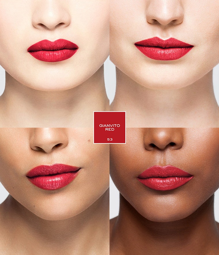La bouche rouge Gianvito Red rouge à lèvres sur les lèvres de quatre mannequins