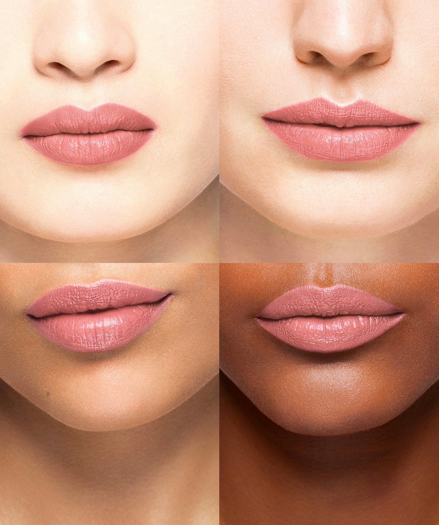La bouche rouge rouge à lèvres Rosewood sur les lèvres de quatre mannequins