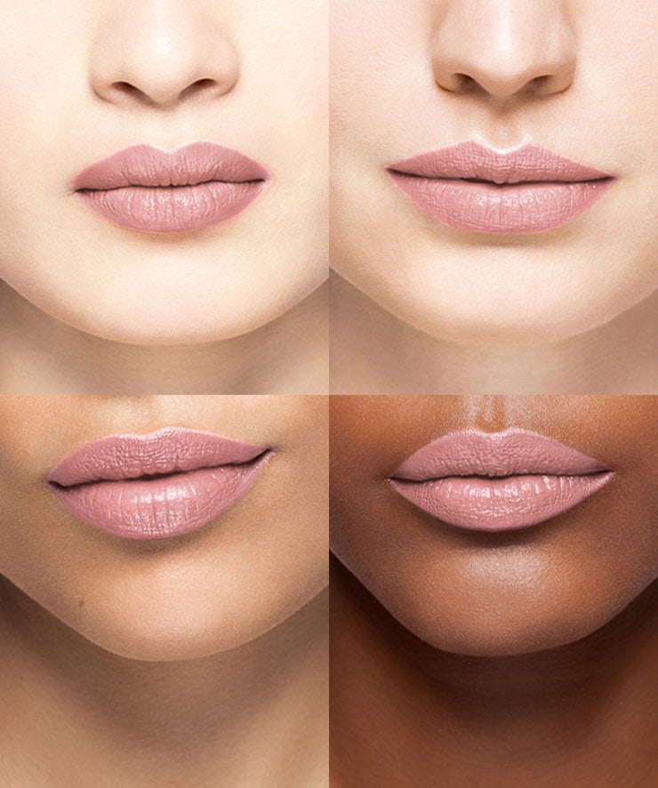 La bouche rouge Gianvito Pink rouge à lèvres sur les lèvres de quatre mannequins