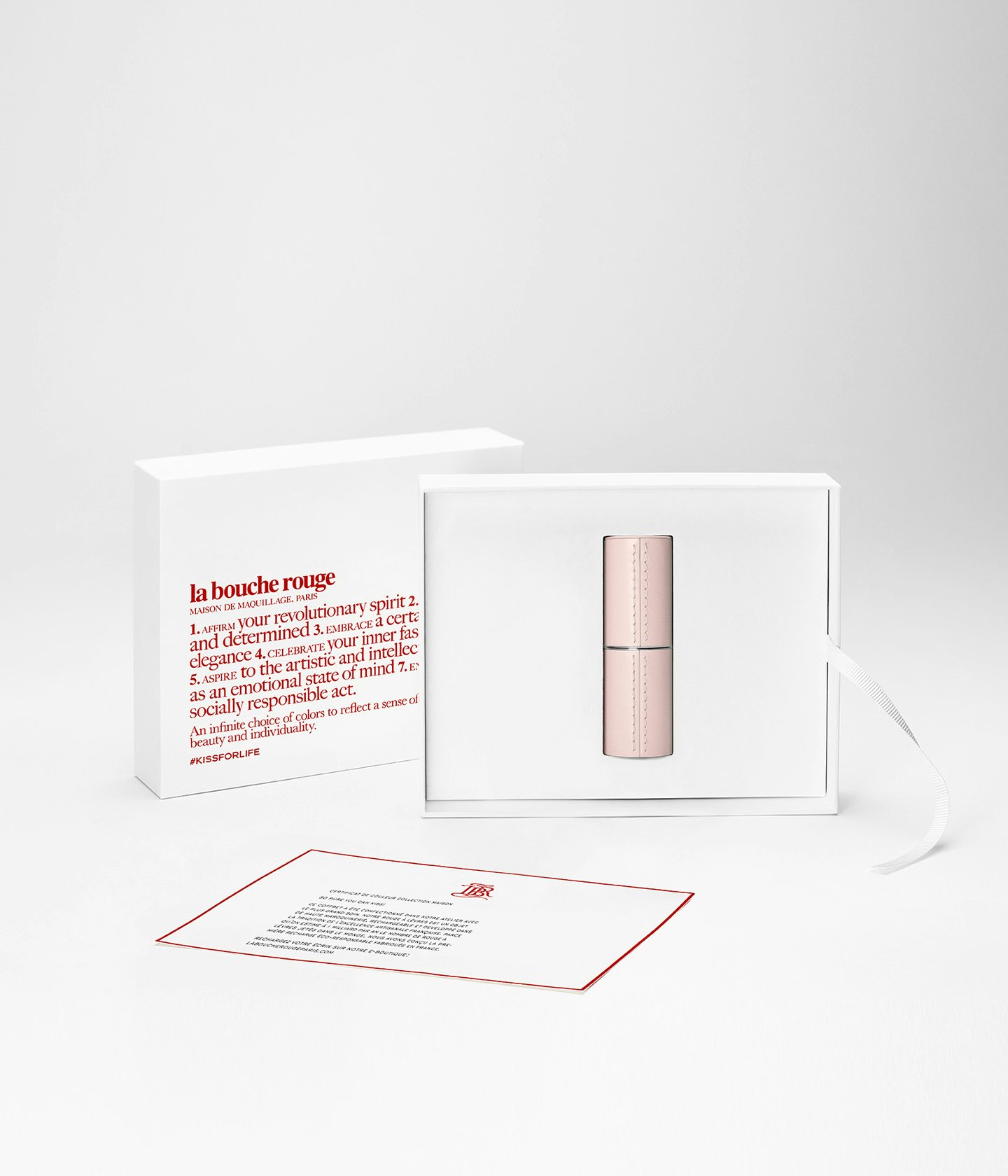 La bouche rouge Pink fine leather case in the Manifesto packaging