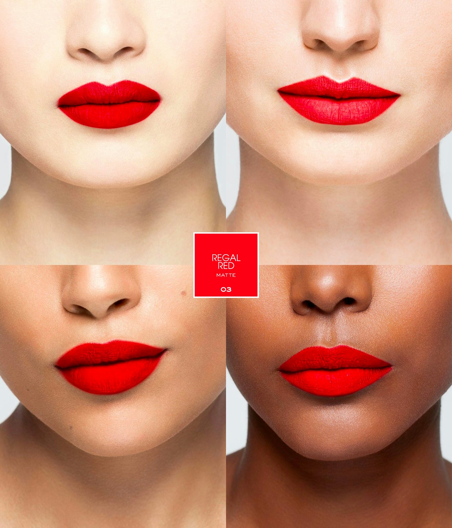 La bouche rouge Regal Red rouge à lèvres sur les lèvres de quatre mannequins 