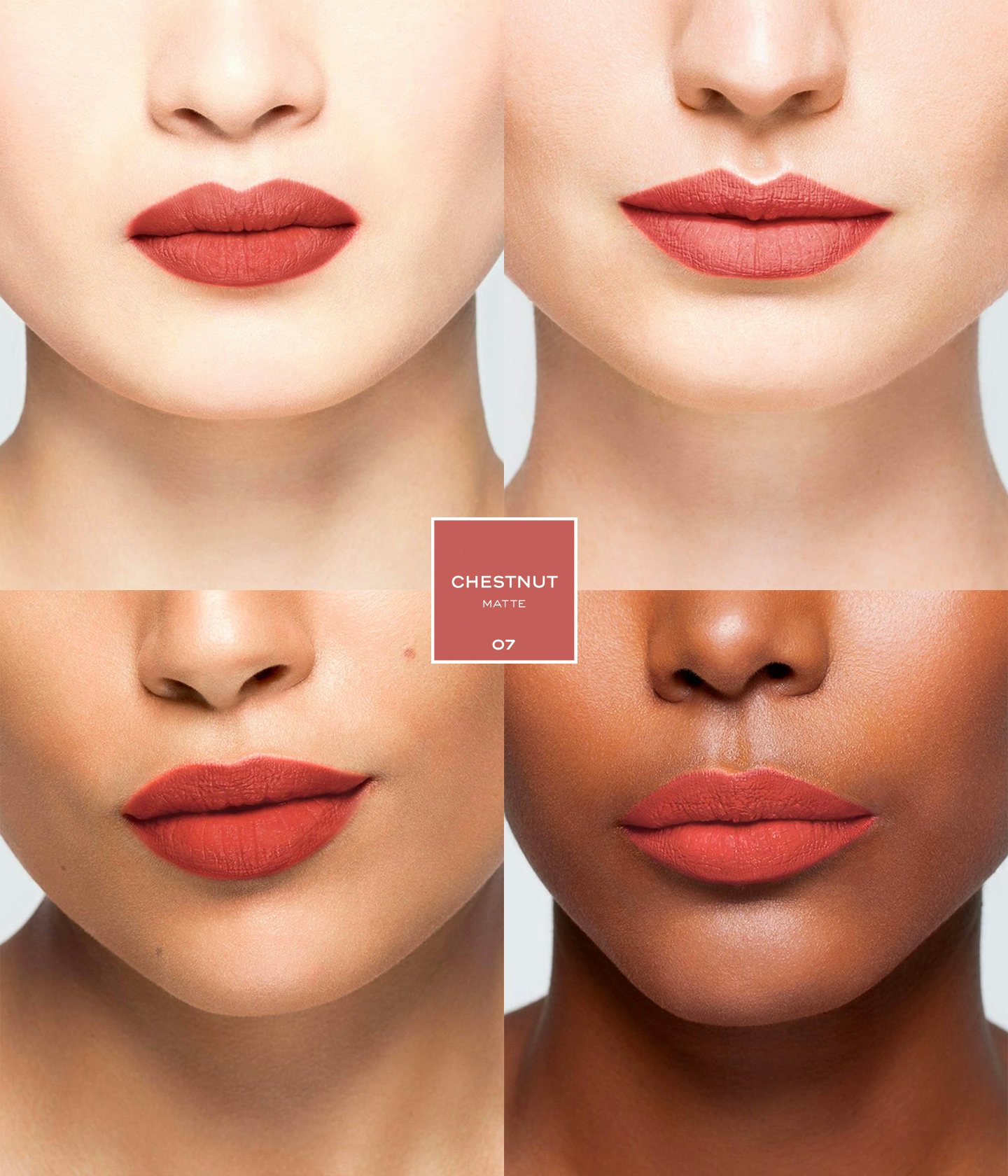 La bouche rouge Chestnut lipstick shade on different models with different skin tones