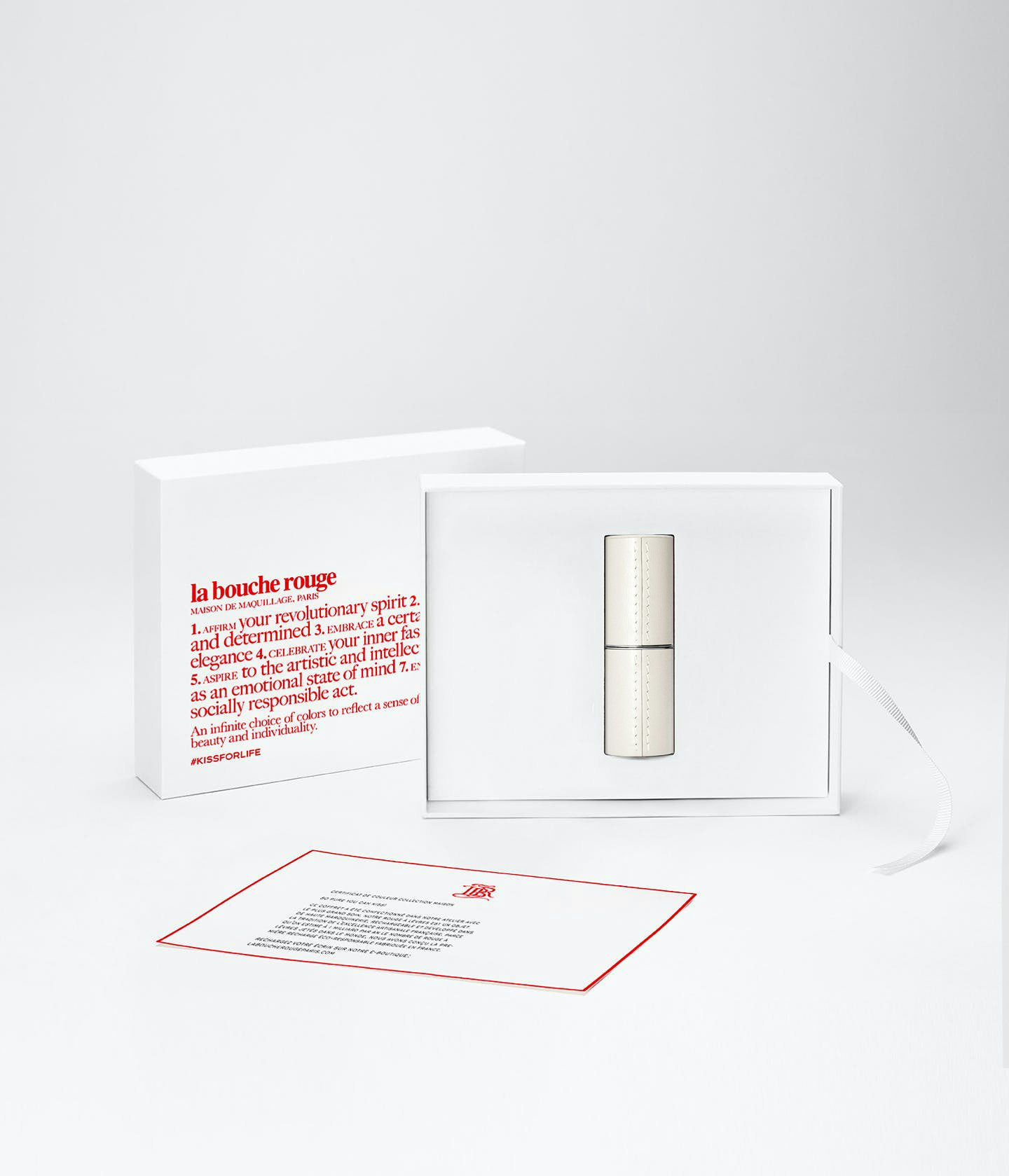 La bouche rouge white fine leather case in the Manifesto packaging