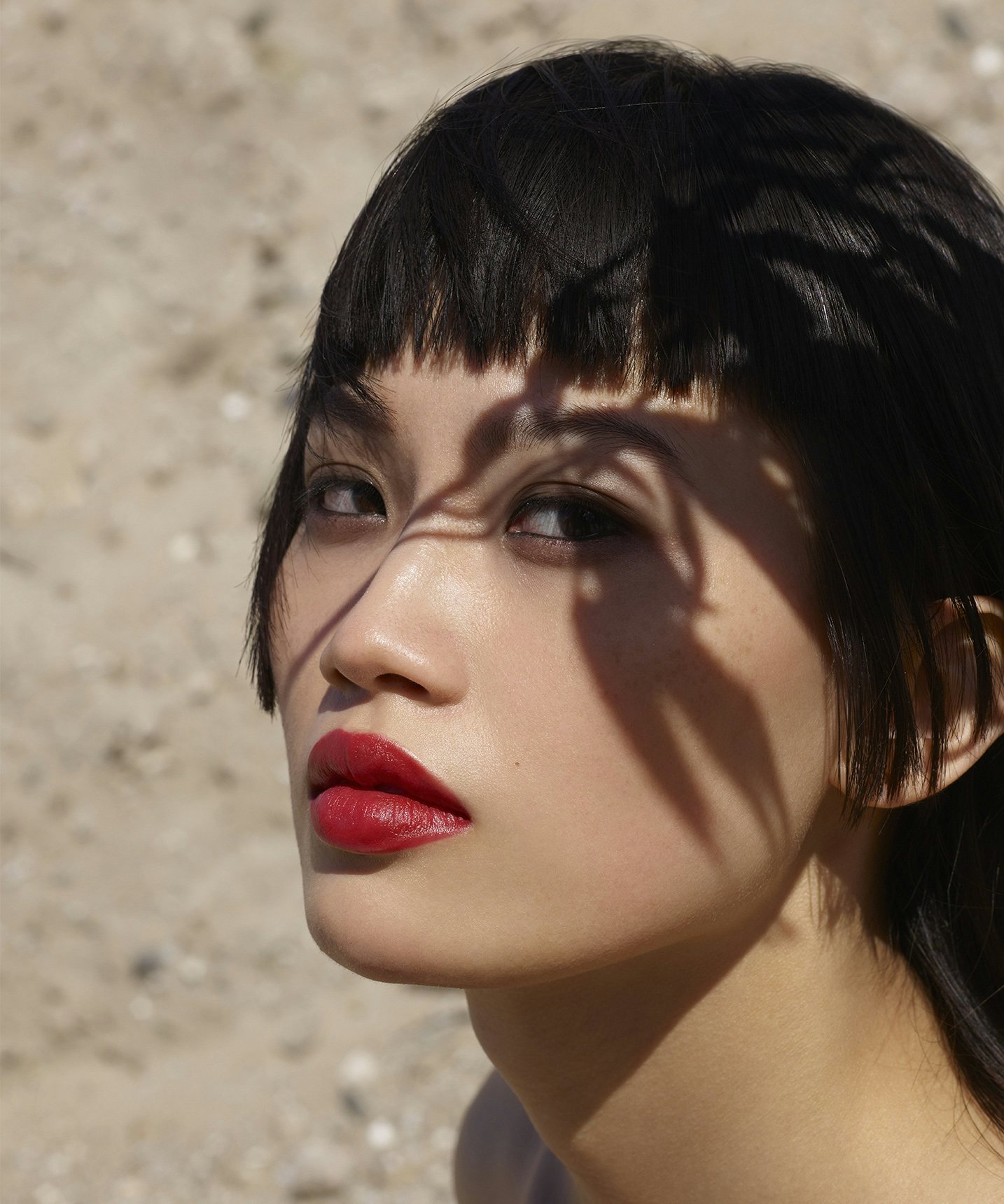 La bouche rouge Viviane Sassen campaign asian model wearing red lipstick with the shadow of a leaf on her face
