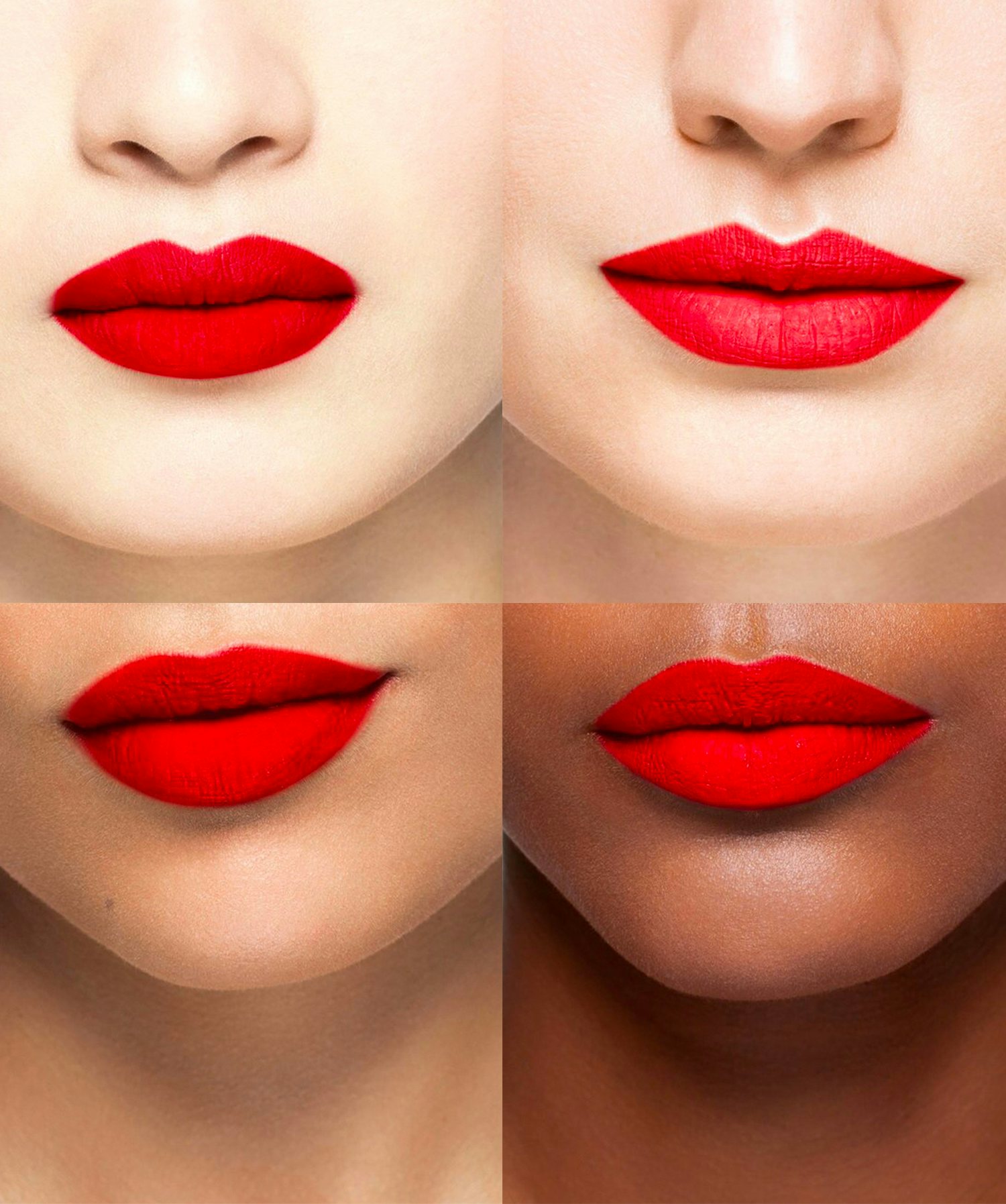 La bouche rouge Regal Red rouge à lèvres sur les lèvres de quatre mannequins 