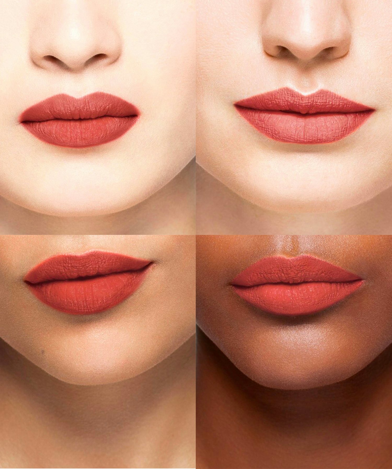 La bouche rouge Chestnut lipstick shade on different models with different skin tones
