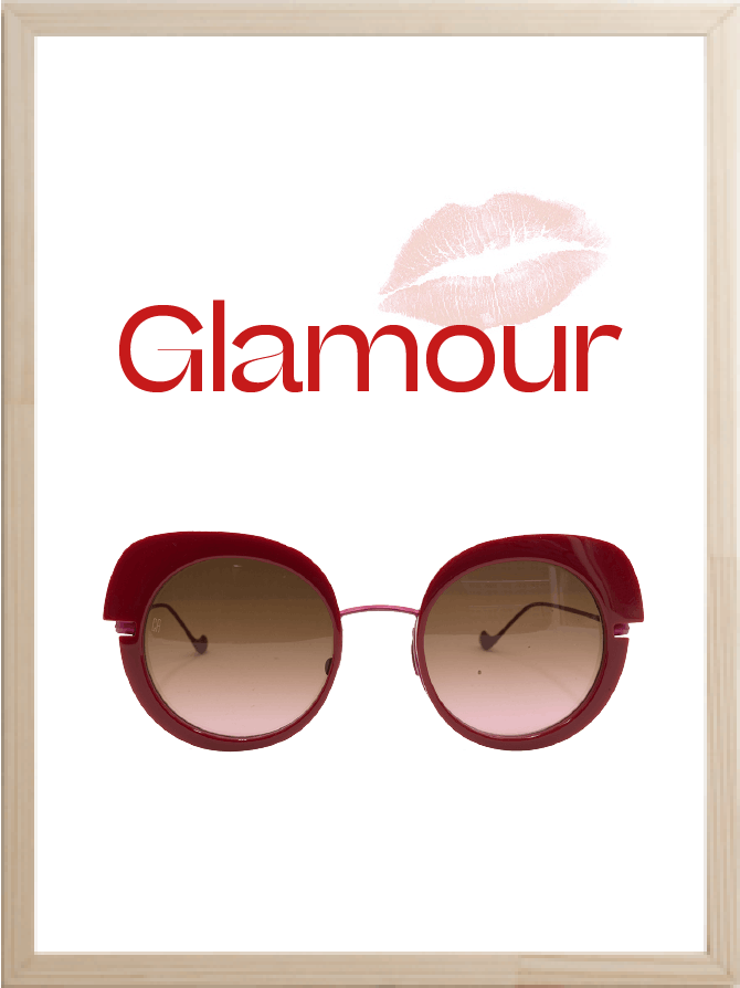 logo glamour et bouche imprimée et  lunettes de soleil femme caroline abram modèle woopy acétate rouge verres brun dégradés  