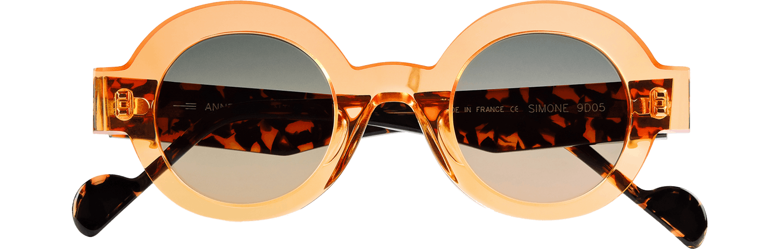 lunettes de soleil anne et valentin modèle simone ronde acétate miel transparente et écaille ludique rétro verres gris dégradés 