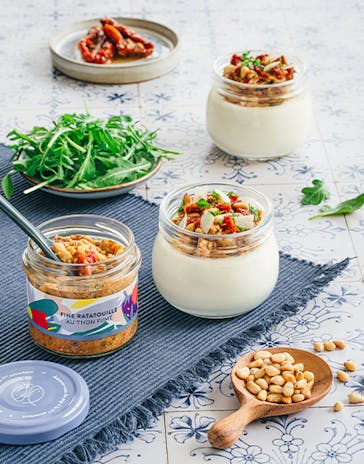 Panna Cotta au parmesan et fine ratatouille au thon fumé