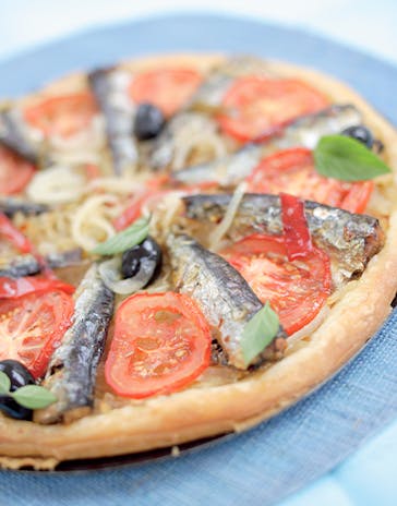 Onion and Sardine Tart with two chilli peppers
