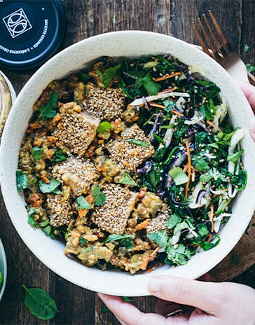 Indie Veggie Salad with Roasted Tofu and Sesame Seeds
