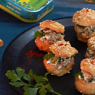 Christmas choux buns with sardines, lemon thyme & Timut pepper

