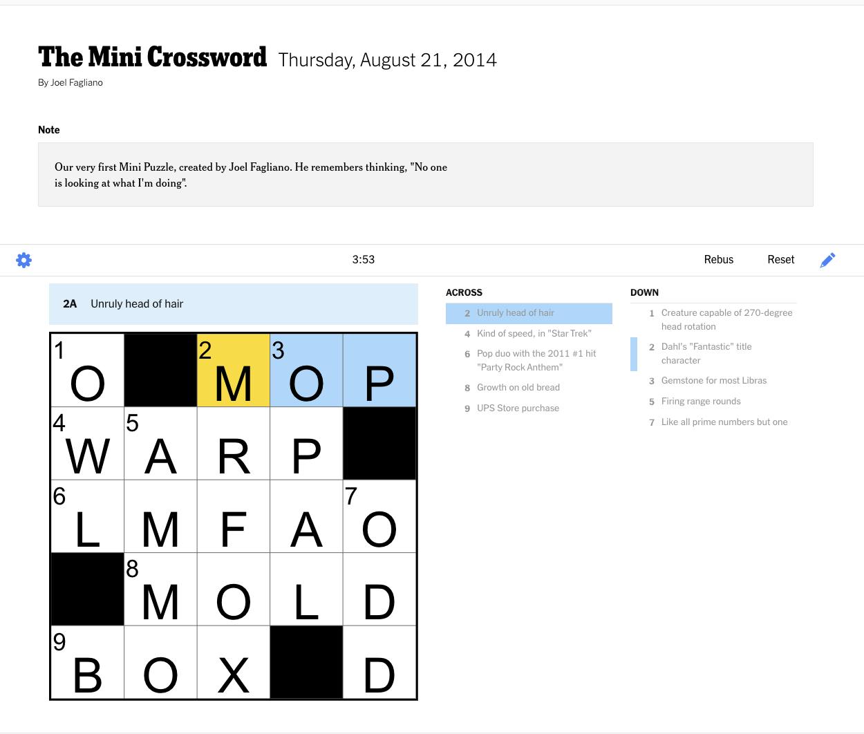 First NYT Mini Puzzle, August 21, 2014