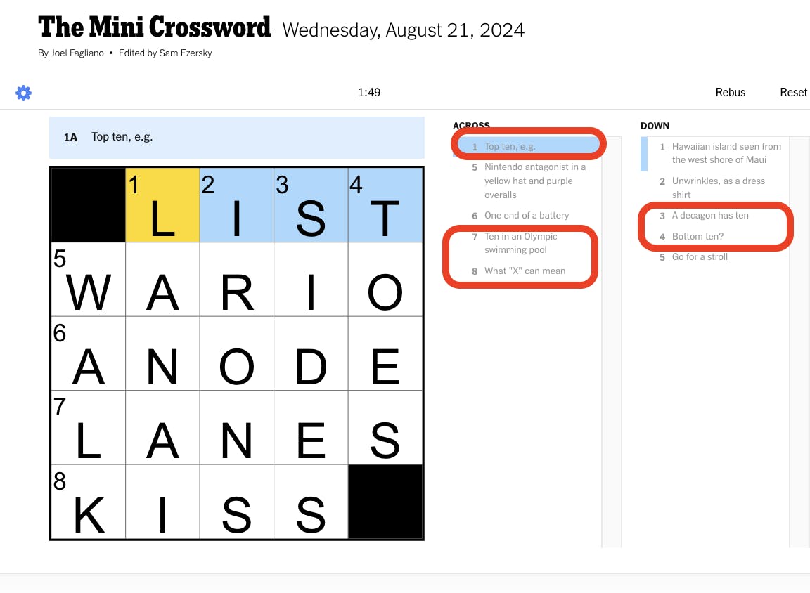 10-Year Anniversary NYT Mini Puzzle, August 21, 2024