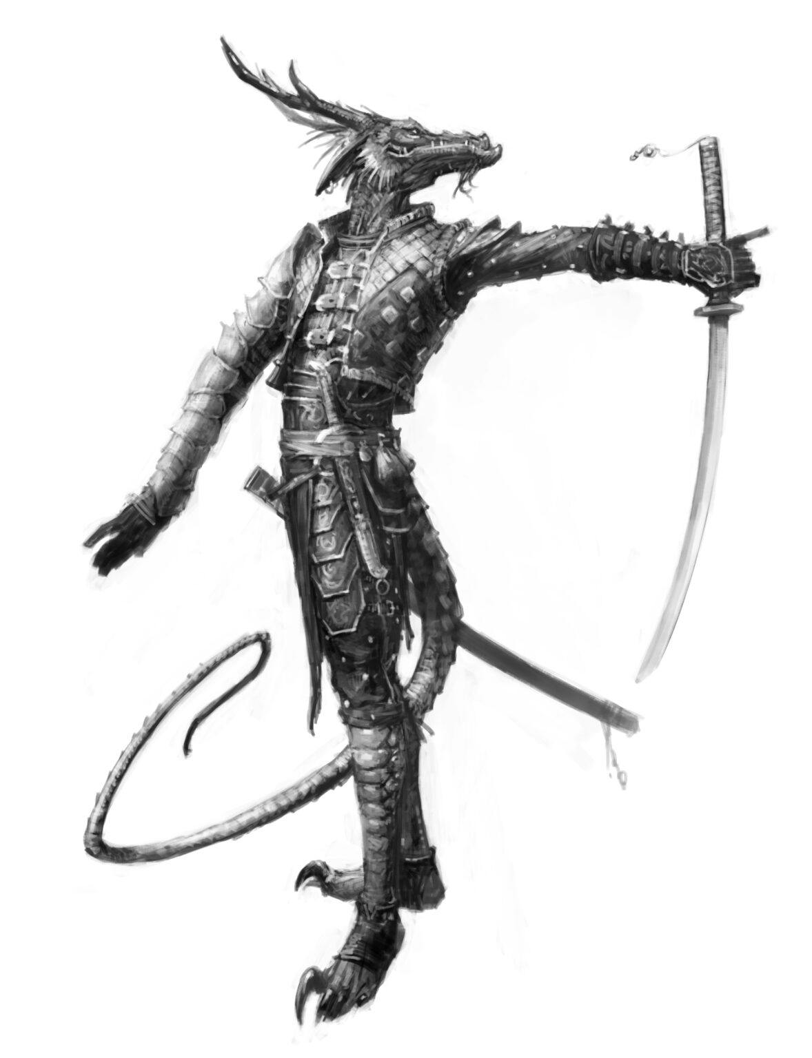 An illustration of a dragon man in leather garb