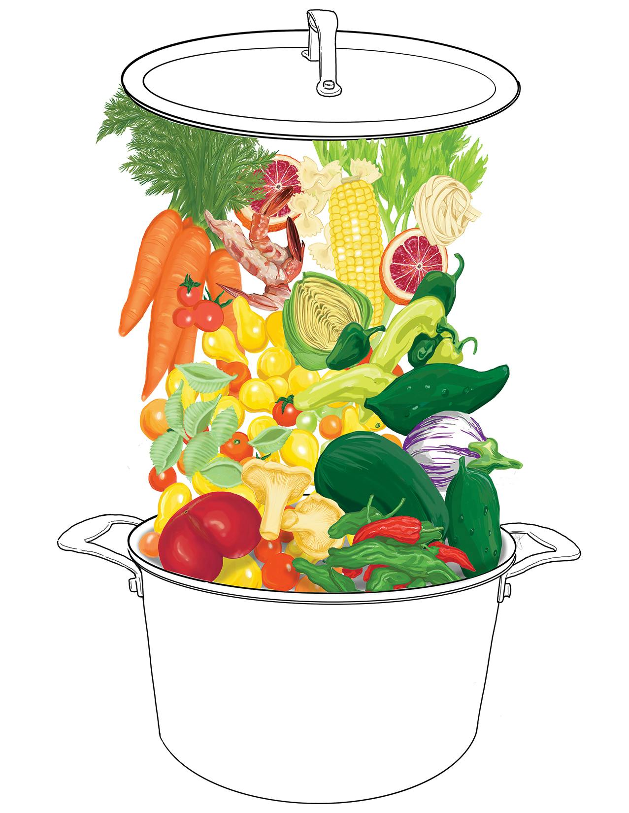 Vegetables falling into a pot