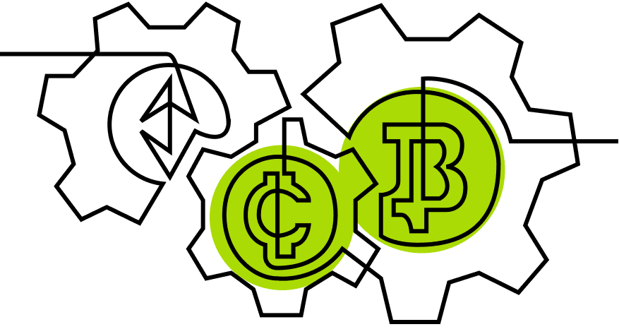 An illustration of gears containing crypto logos using a single contiguous line