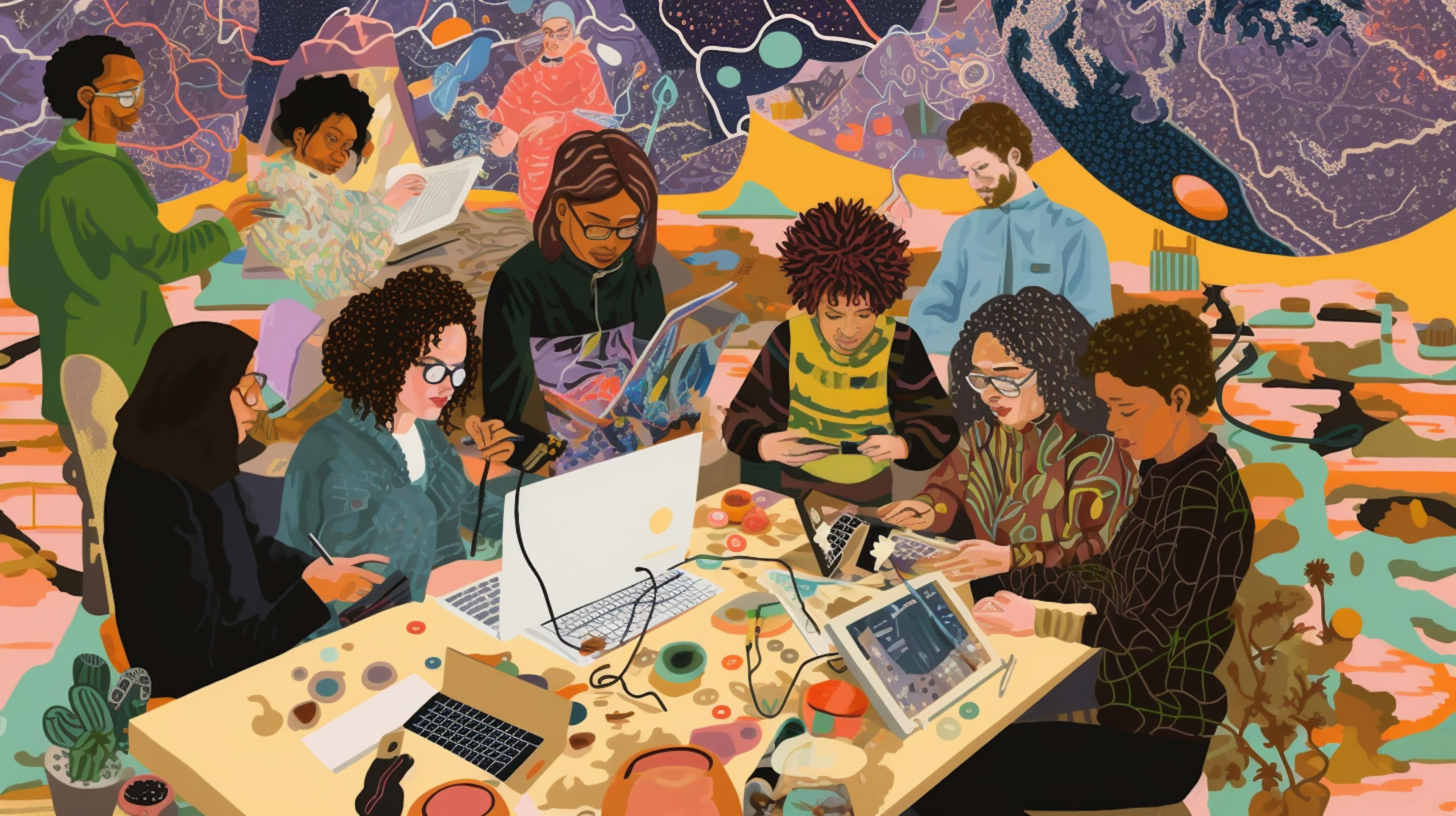 image of a whimsical painting of a diverse group of people sitting around a table working on a product design. colorful, playful, and fun