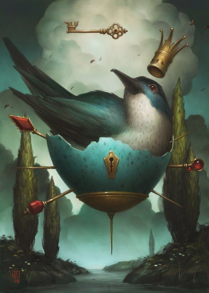 An illustration of a royal bird in an egg