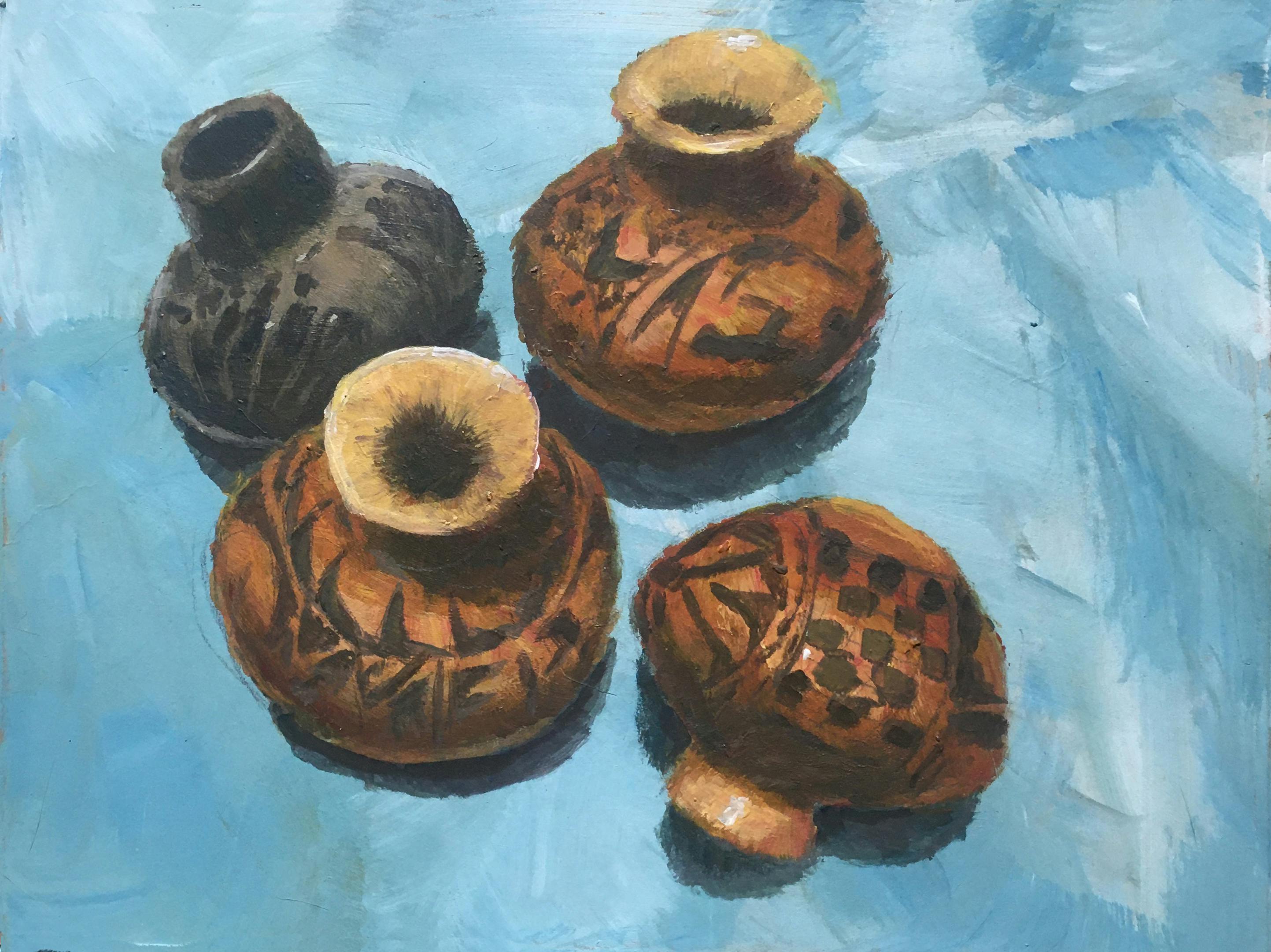 A still life painting of pots