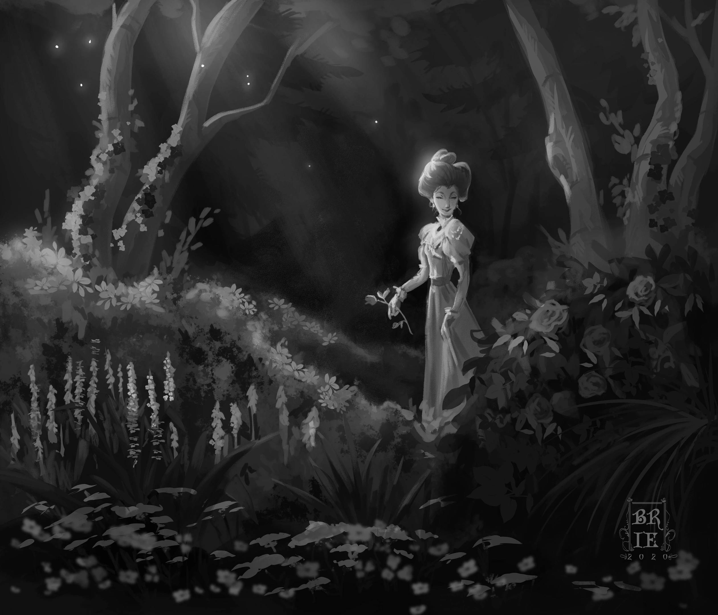 An illustration of a victorian woman walking through the woods at night