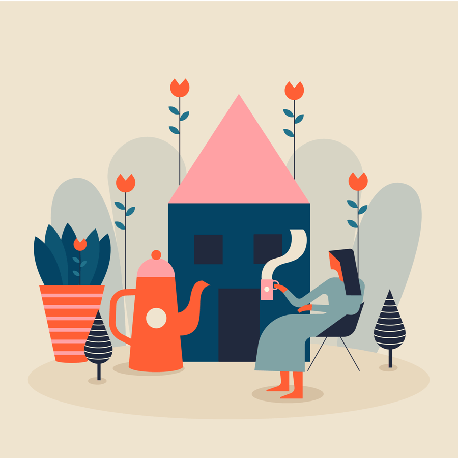 An illustration of a woman sitting in front of her house enjoying a hot drink