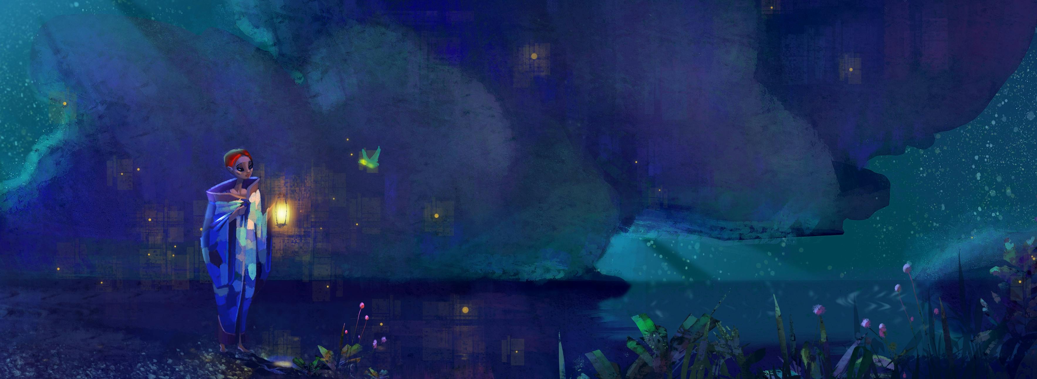 A woman in the water at night