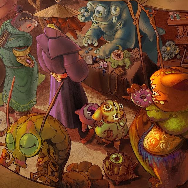 Colorful fantasy market scene with whimsical characters and creatures, illustrating creativity and imagination inspired by different types of generative AI artwork.