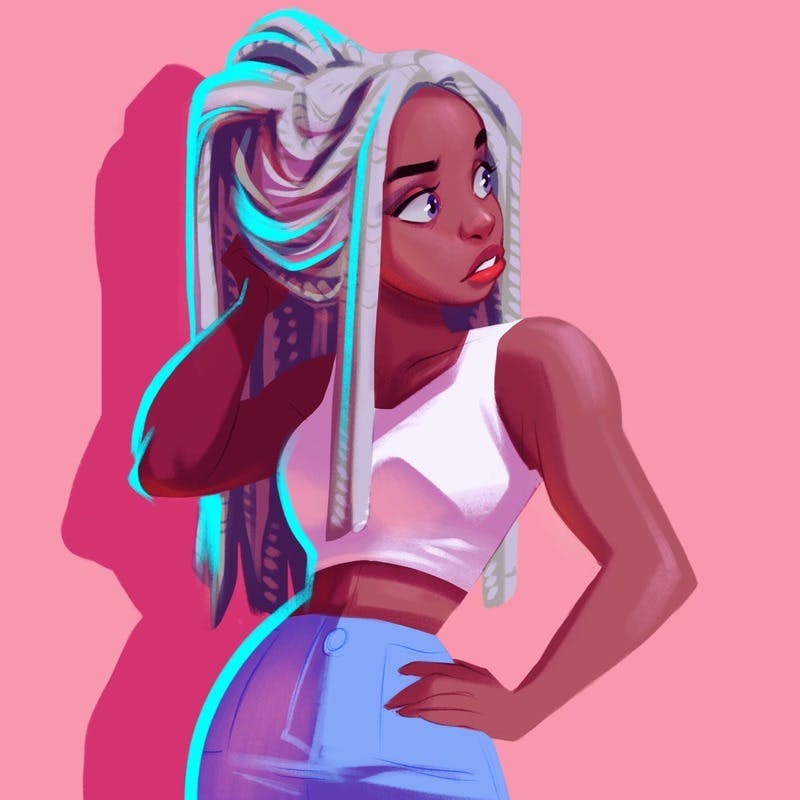 An illustration of a woman in front of a pink background