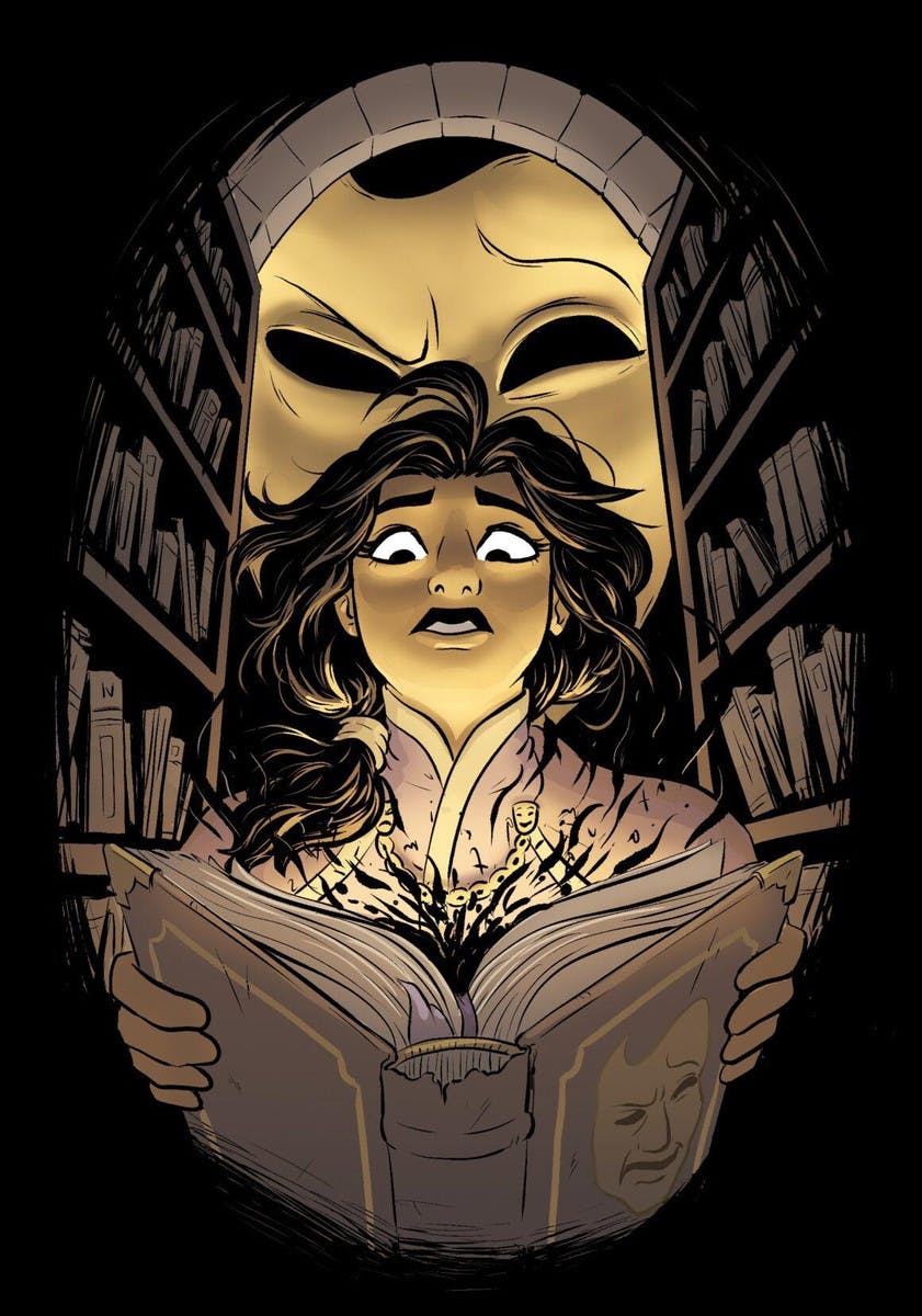 An illustration of scared woman looking down at an old book