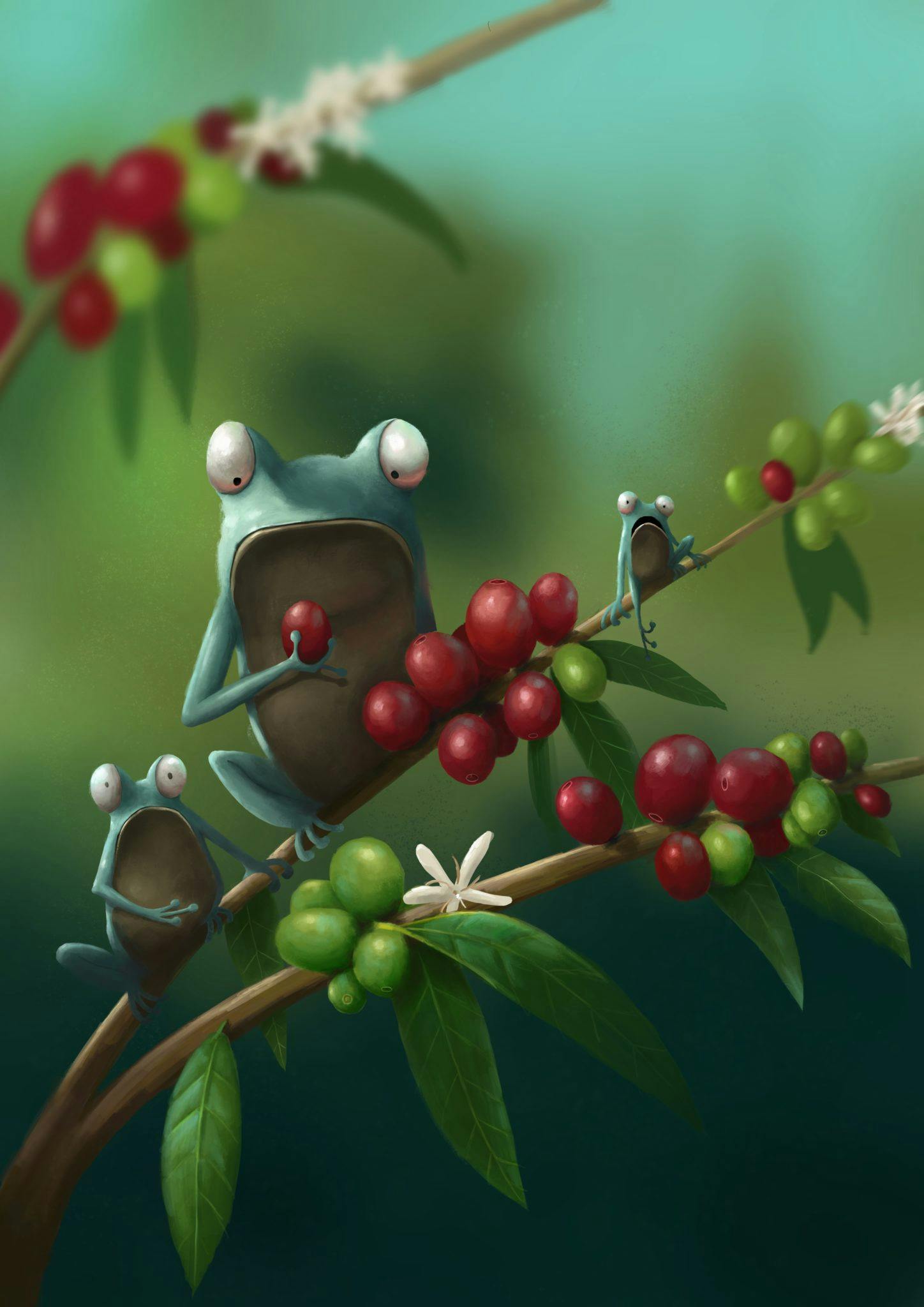 Three frogs in a tree