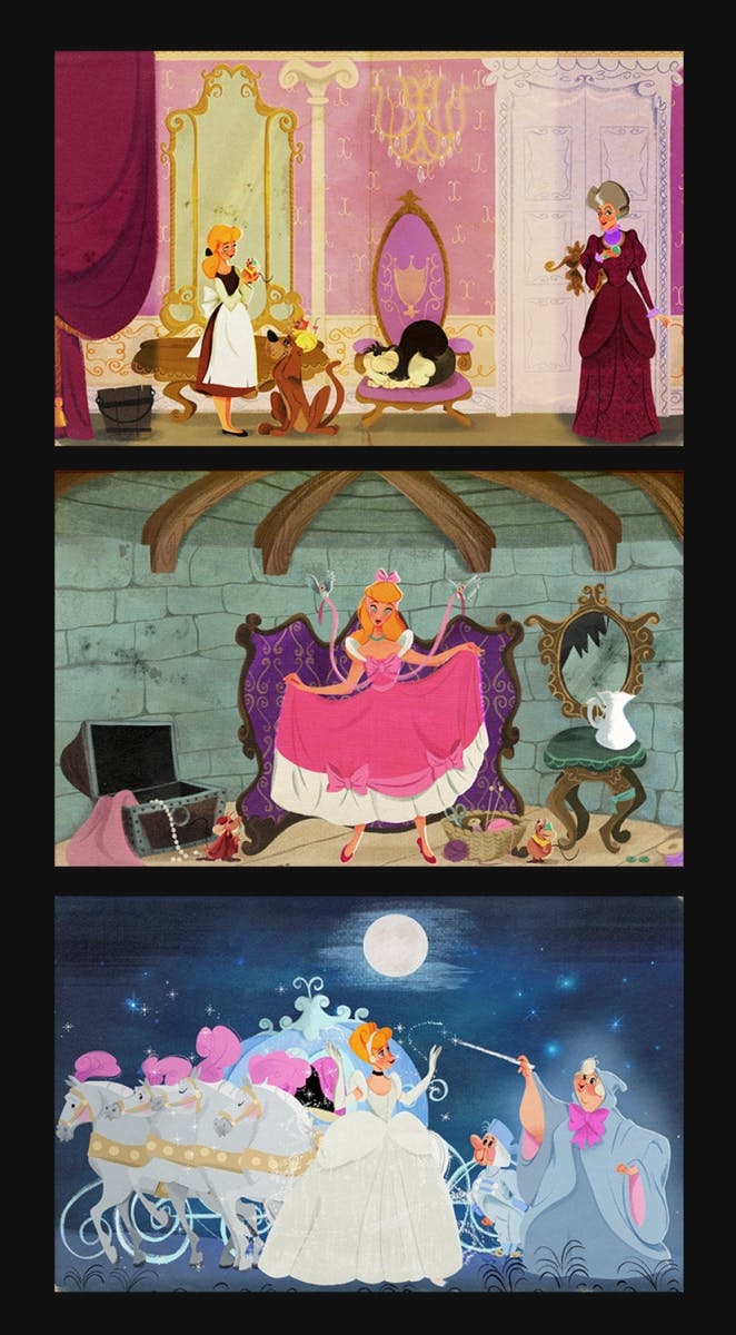 A collection of illustrations celebrating the 70th anniversary of Cinderella.