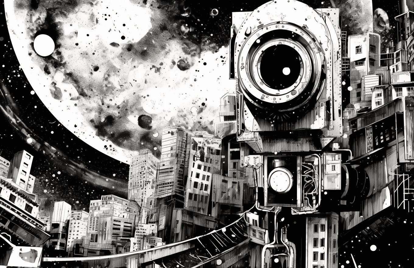 A giant camera in front of the moon