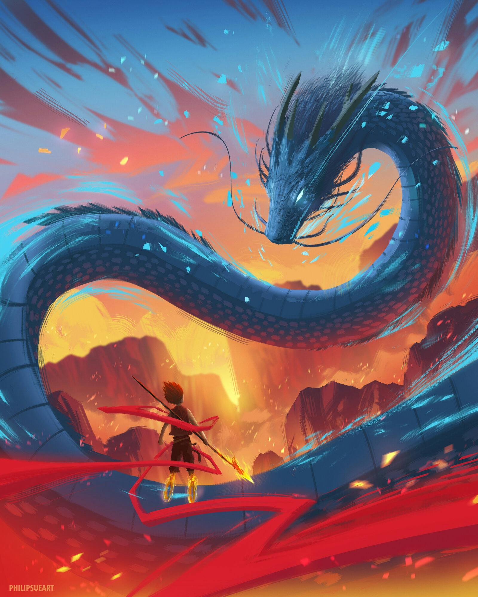 A giant dragon attacking a warrior