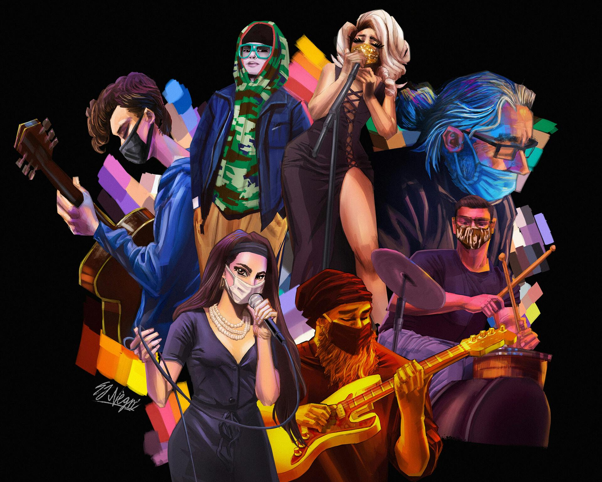 Illustration of the members of a band