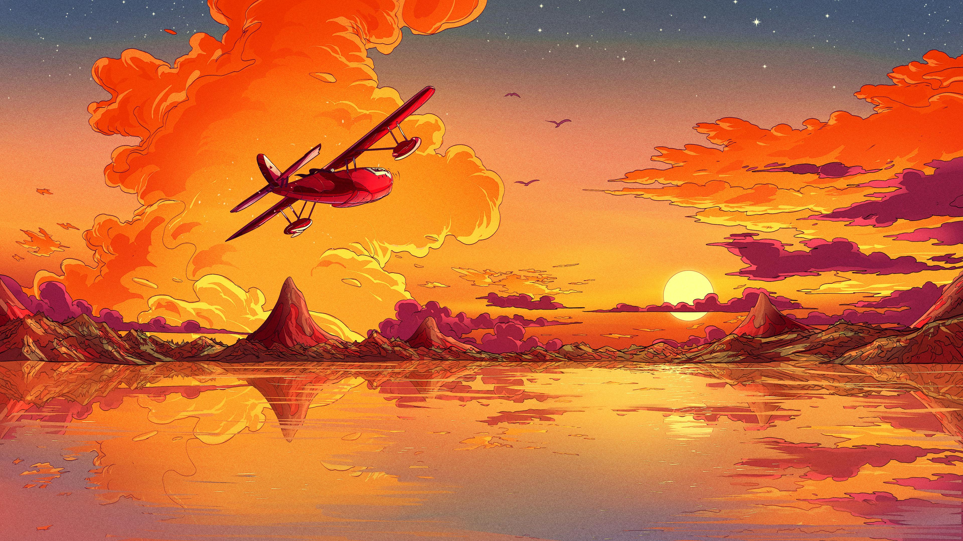 A sea plane flying toward sunset