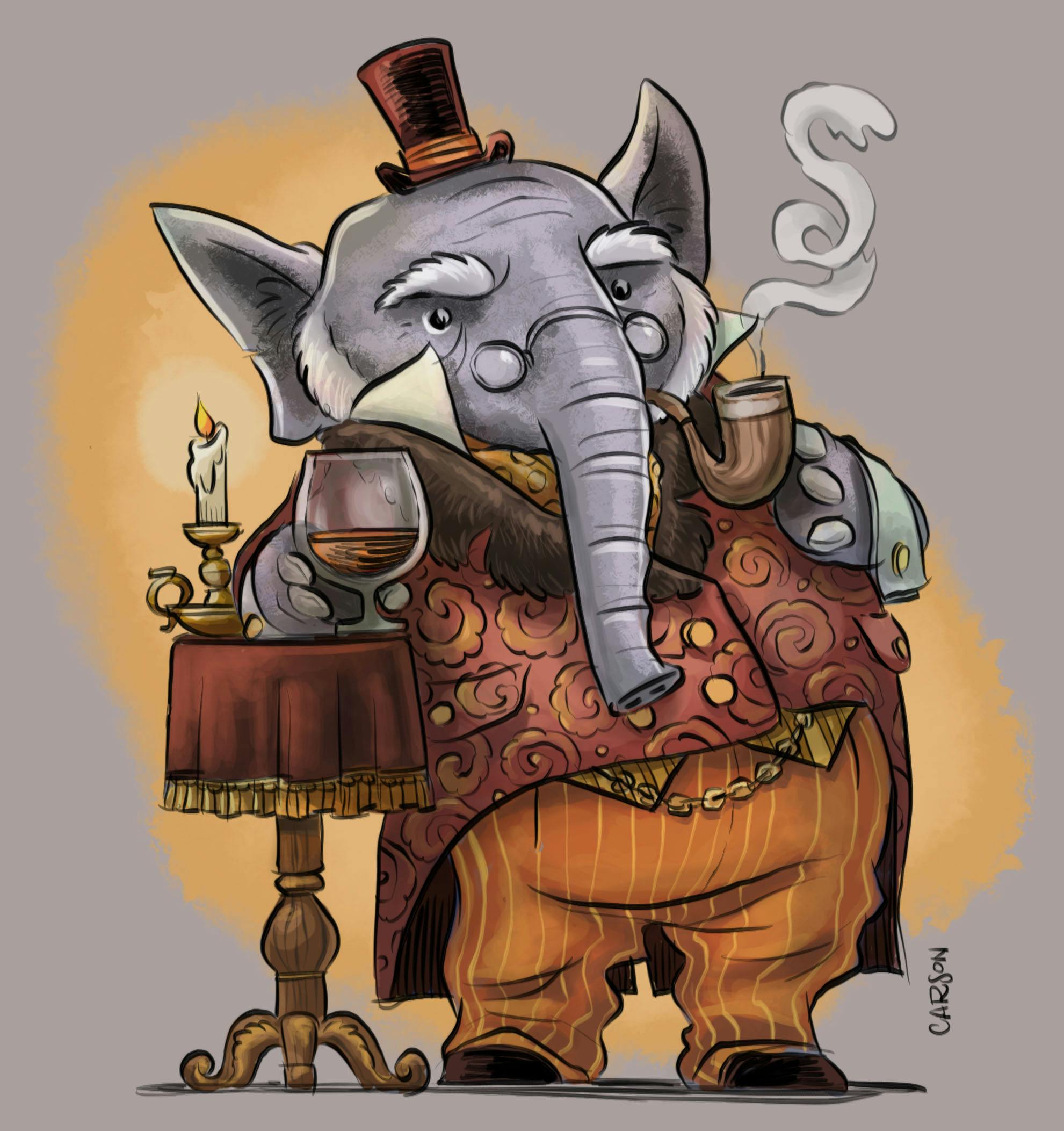 A victorian Elephant smoking a pipe