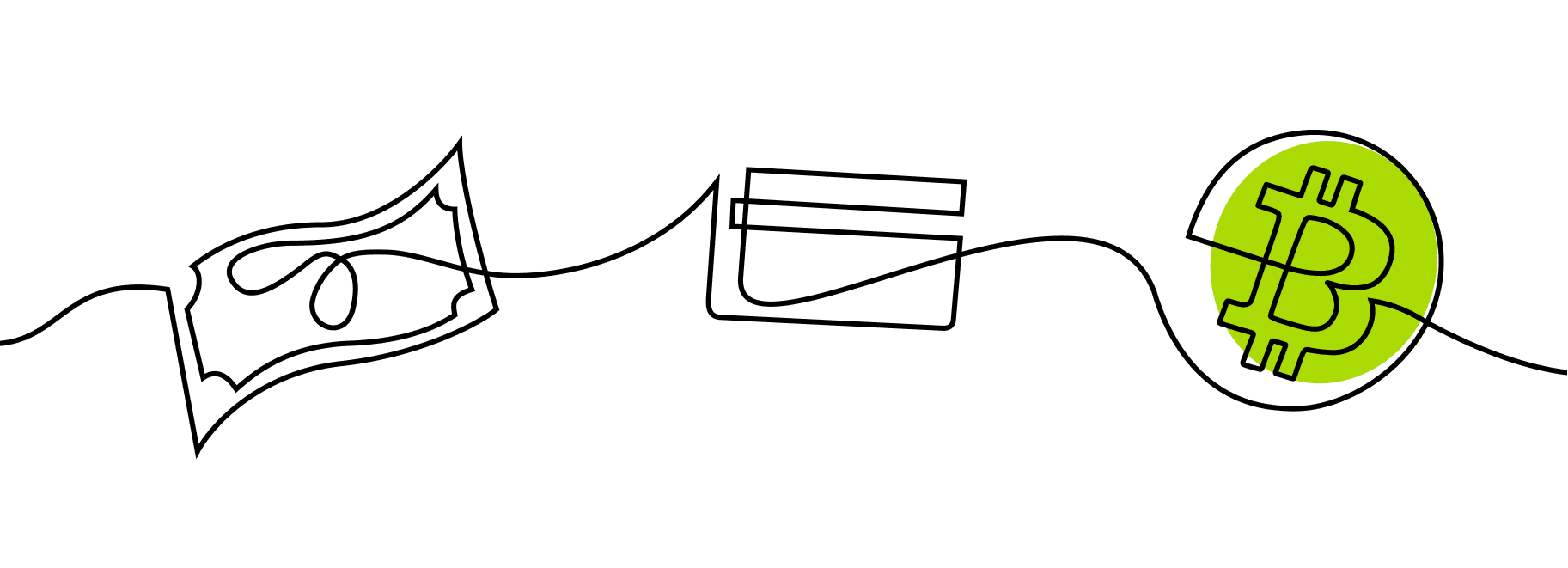 Minimal line art of cash, a payment card, and a Bitcoin symbol, representing digital payments and creative cash app card design ideas.