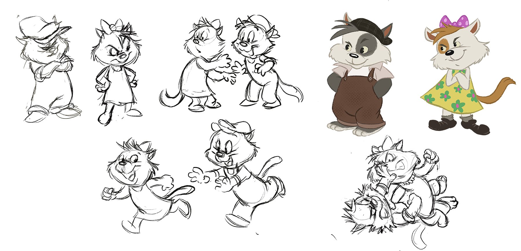 Concept sketches of a male and female cat
