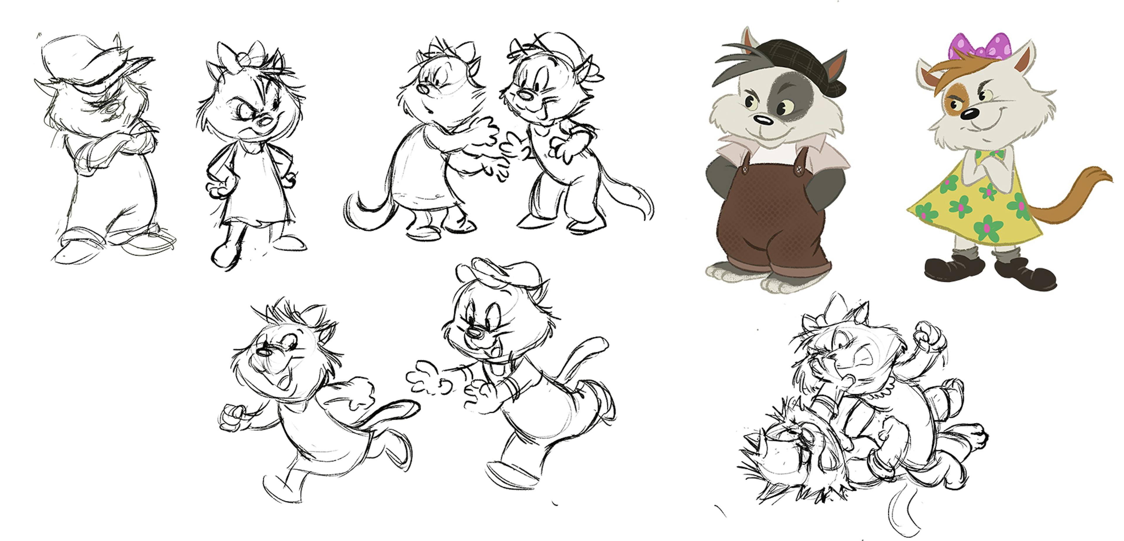 Concept sketches of a male and female cat
