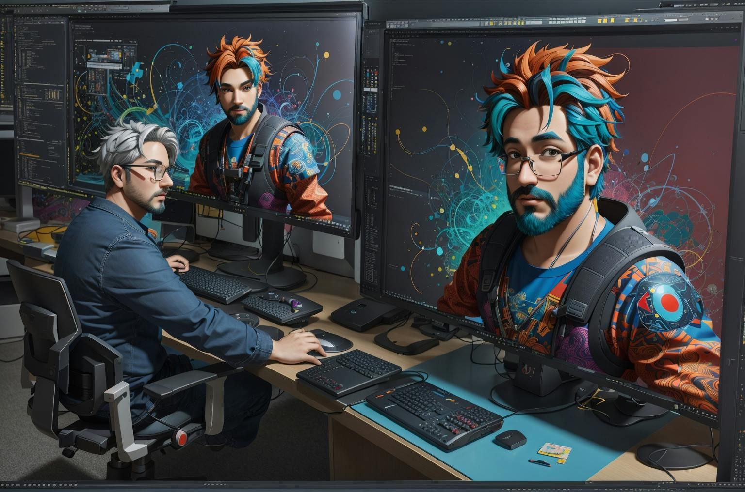 image of a 3d artist at a desk creating video games from his designs. 