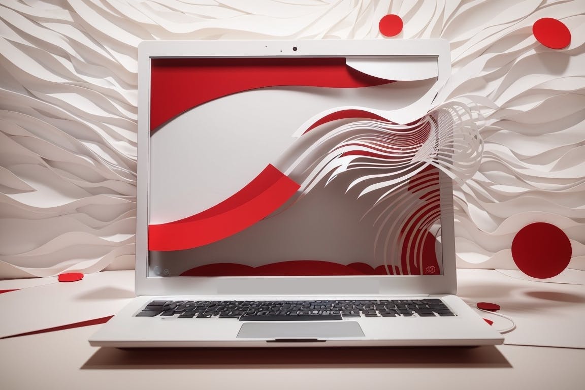 image of a laptop with a red and white abstract video bursting out of it