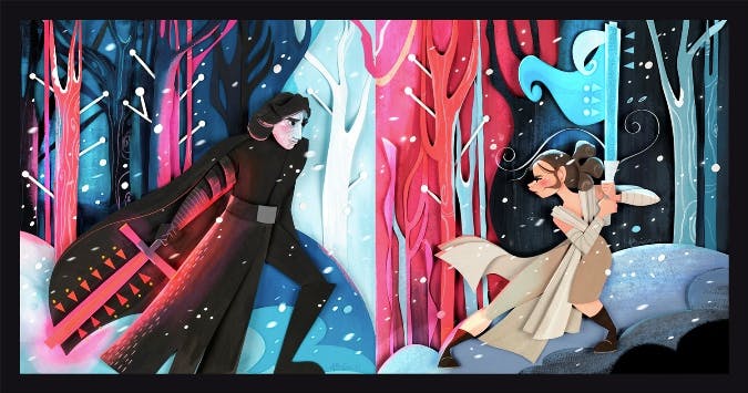 A stylized illustration of Kylo Ren and Rey