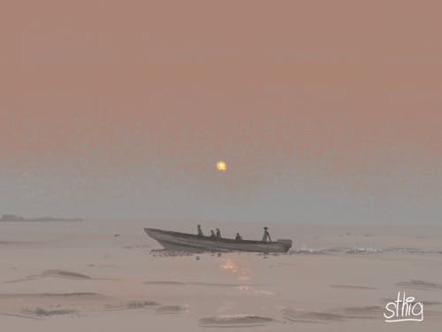 A small powerboat on a misty ocean