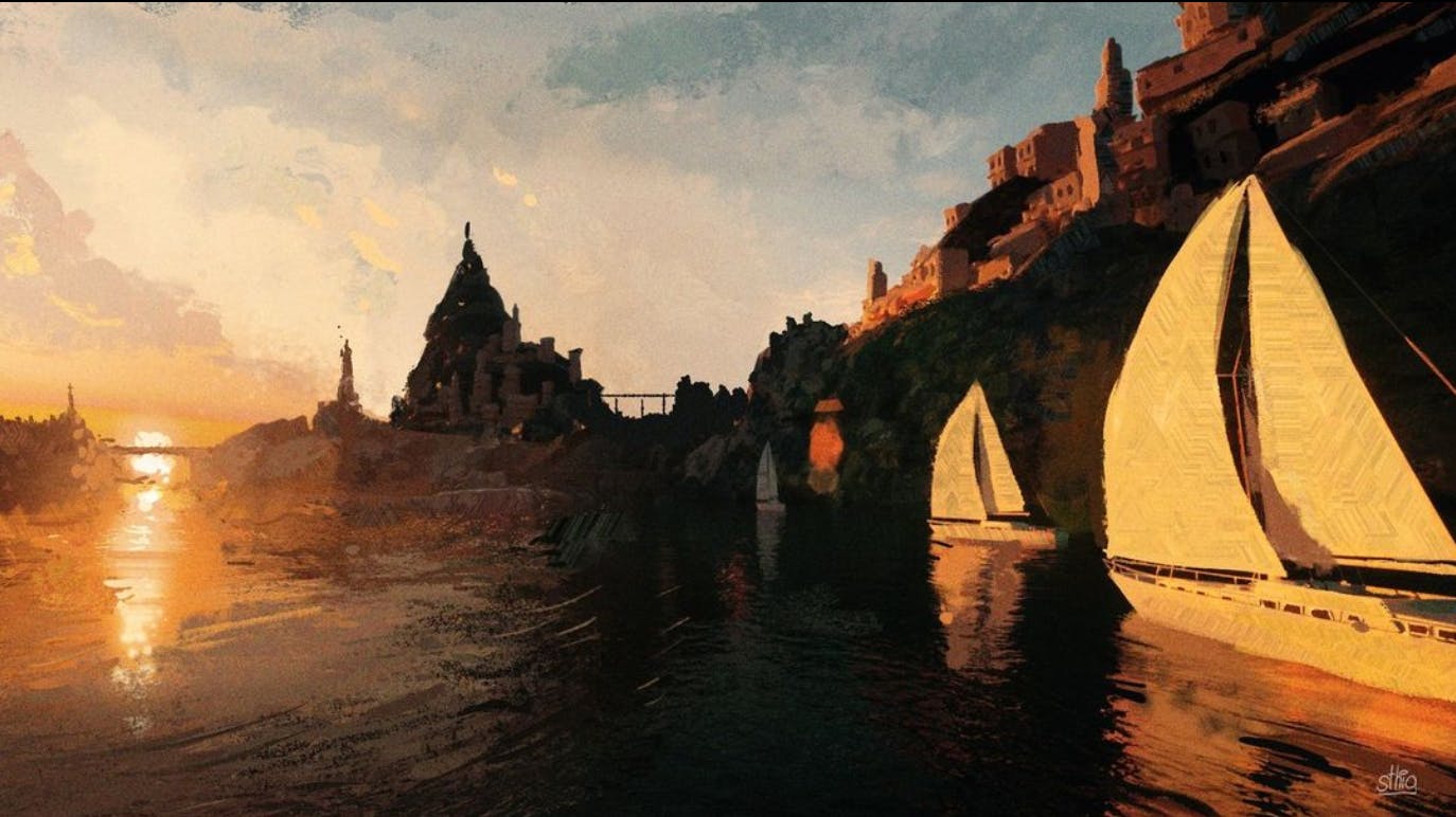 A painting of sailboats sailing past a medieval town towards the sunset